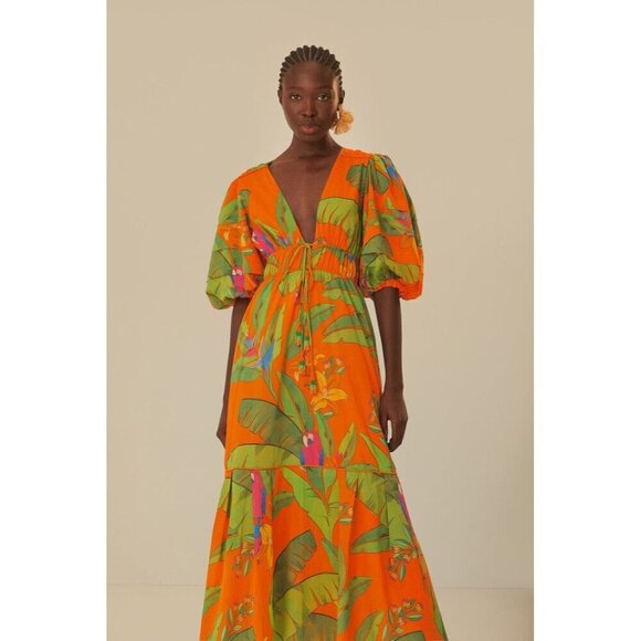Anthropologie Farm Rio Orange Fresh Macaws Midi Dress Size XXS $290 Colorful - Picture 2 of 6